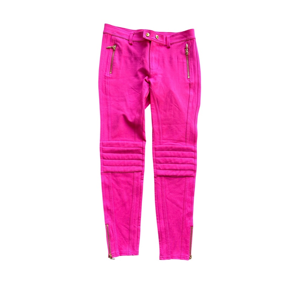Juicy Couture Pink Moto Skinny Pants Gold Zip Quilted Knee 4 Hot Pink Fuchsia
